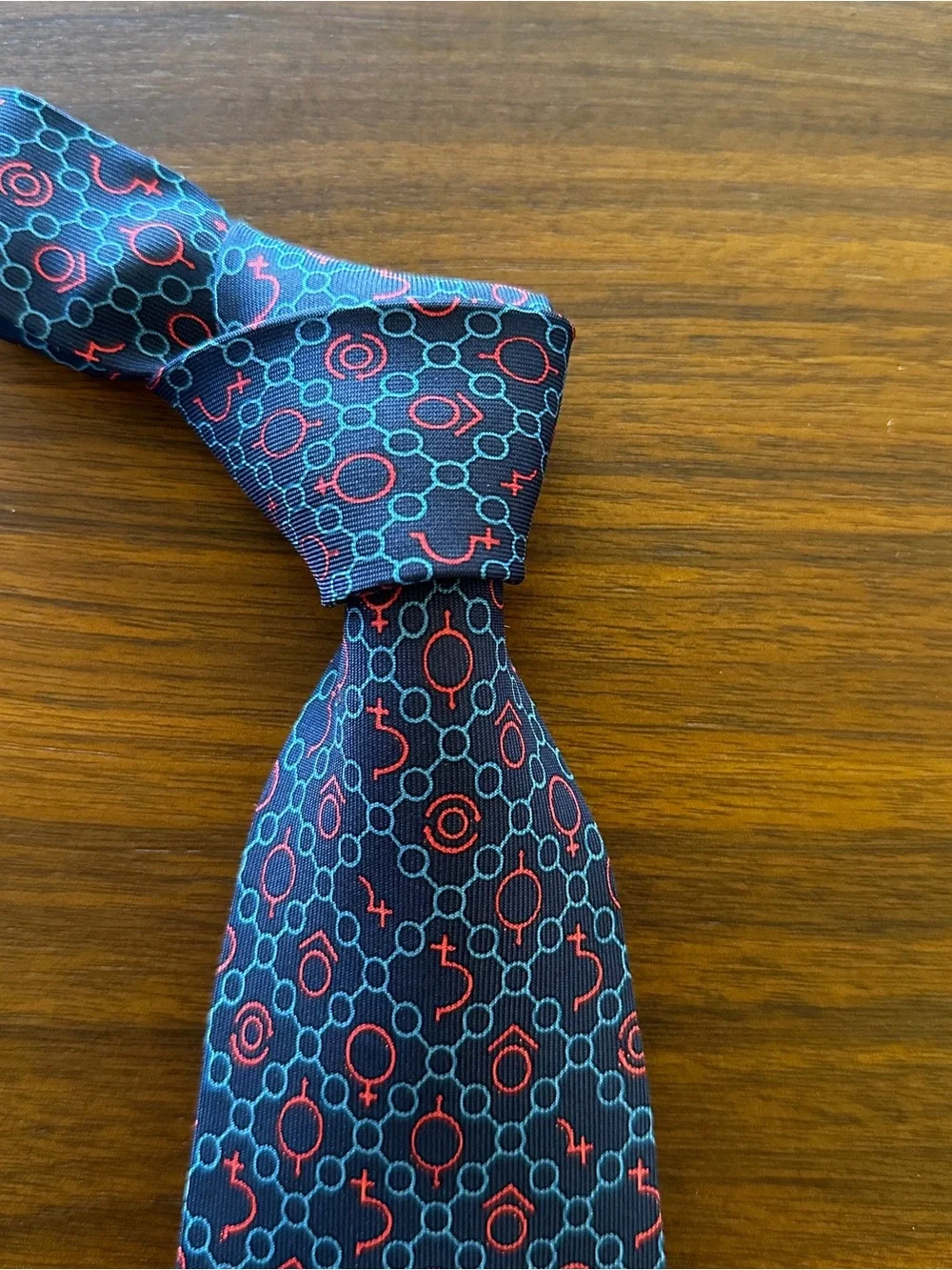 Drakes Navy Blue Patterned Tie with Red & Teal Accents